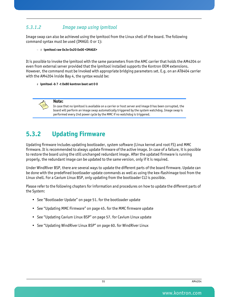 2 image swap using ipmitool, 2 updating firmware, Updating firmware | Kontron AM4204 User Manual | Page 70 / 89