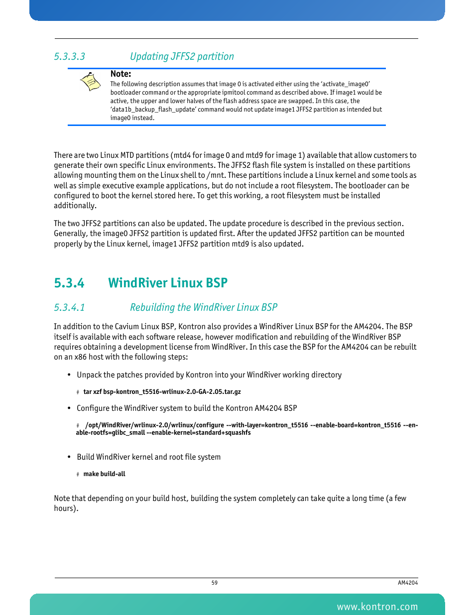 3 updating jffs2 partition, 4 windriver linux bsp, 1 rebuilding the windriver linux bsp | Windriver linux bsp | Kontron AM4204 User Manual | Page 74 / 89