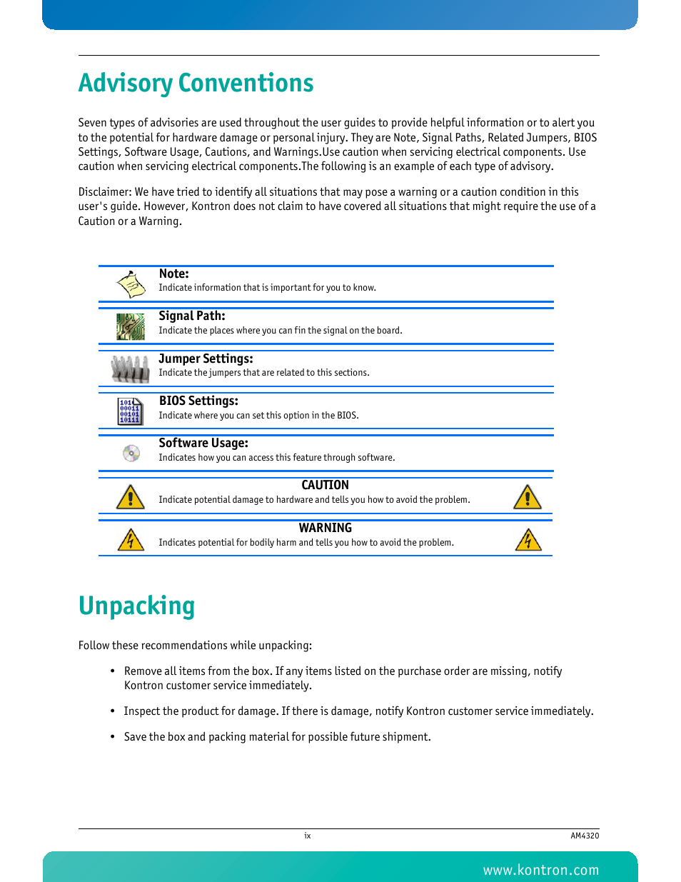 Advisory conventions, Unpacking | Kontron AM4320 User Manual | Page 10 / 30