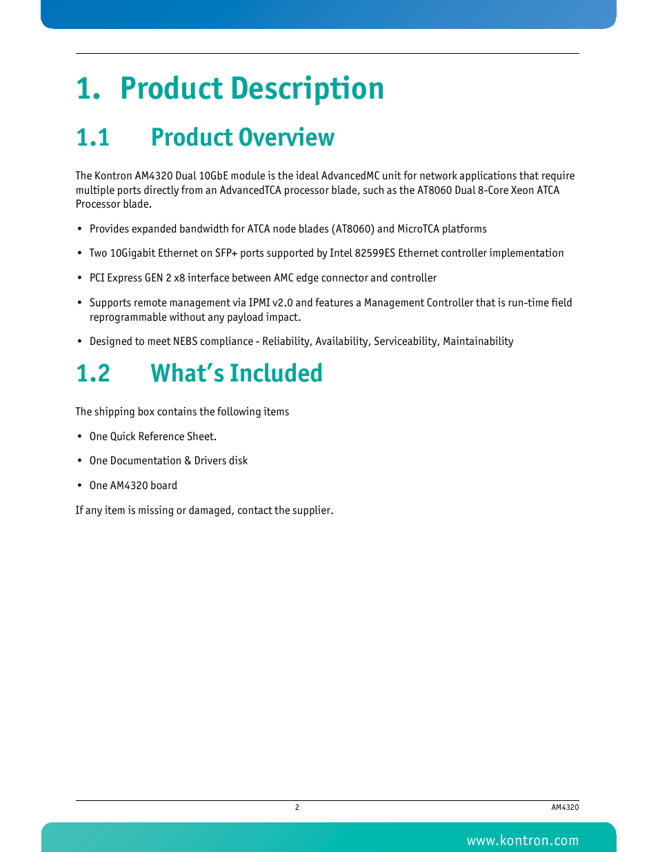 Product description, 1 product overview, 2 what’s included | 1 product overview 1.2 what’s included | Kontron AM4320 User Manual | Page 14 / 30