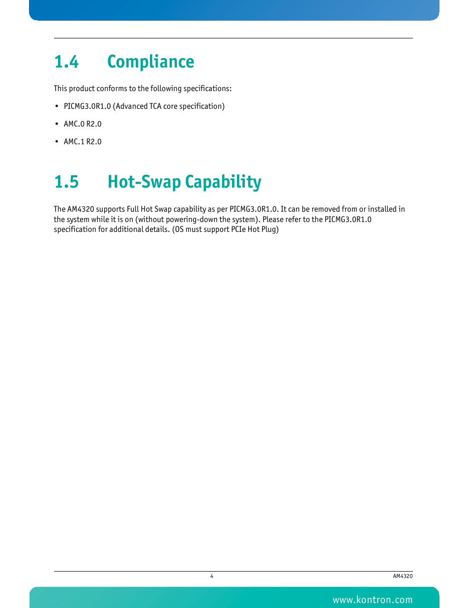 4 compliance, 5 hot-swap capability, 4 compliance 1.5 hot-swap capability | Kontron AM4320 User Manual | Page 16 / 30