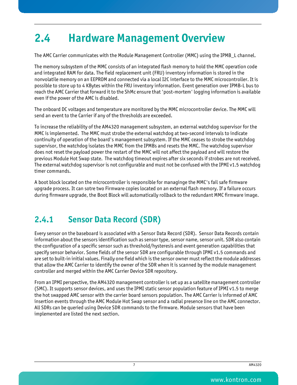 4 hardware management overview, 1 sensor data record (sdr), Sensor data record (sdr) | Kontron AM4320 User Manual | Page 19 / 30