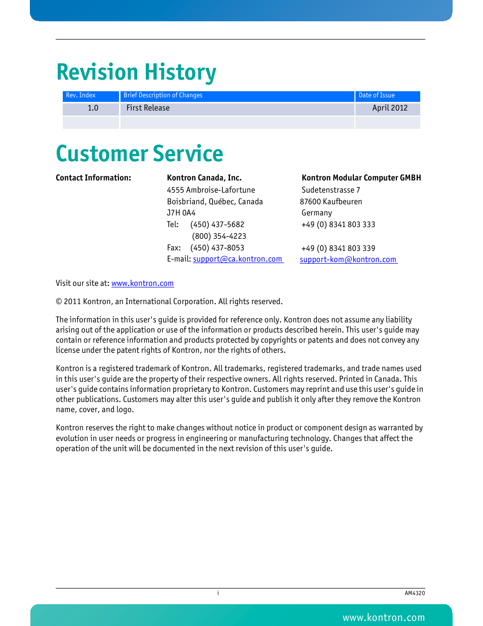 Revision history customer service | Kontron AM4320 User Manual | Page 2 / 30