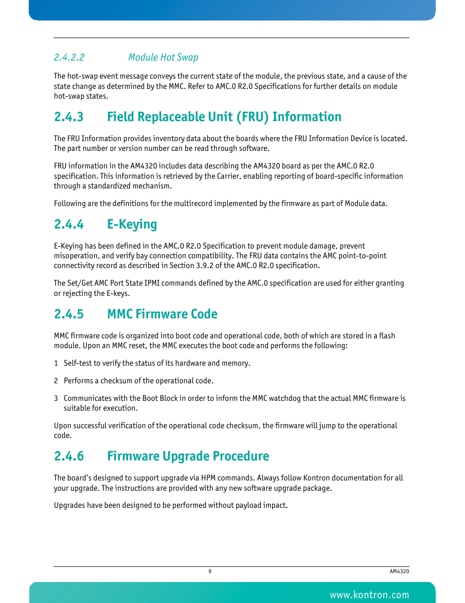 2 module hot swap, 3 field replaceable unit (fru) information, 4 e-keying | 5 mmc firmware code, 6 firmware upgrade procedure, Field replaceable unit (fru) information, E-keying, Mmc firmware code, Firmware upgrade procedure | Kontron AM4320 User Manual | Page 21 / 30