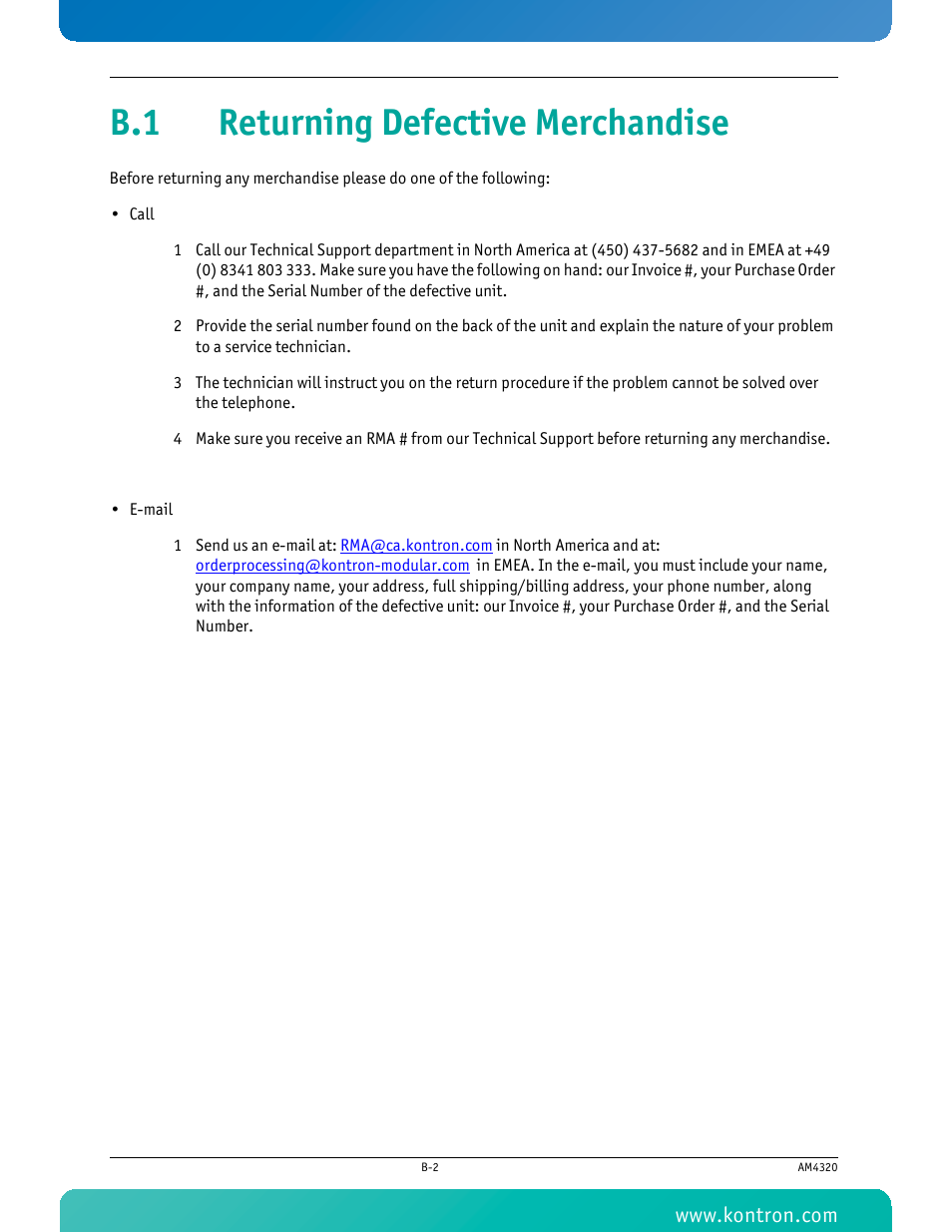 B.1 returning defective merchandise | Kontron AM4320 User Manual | Page 29 / 30