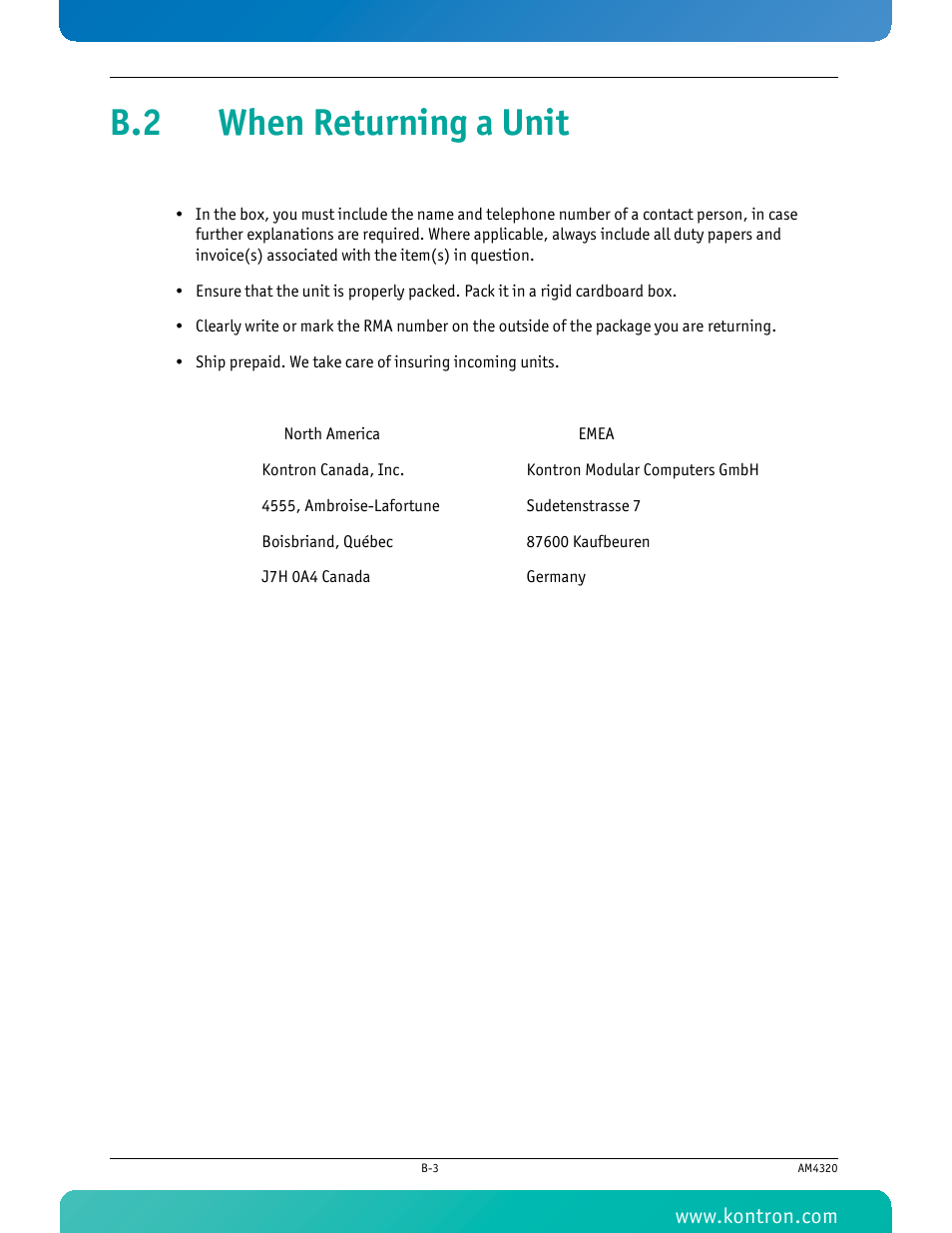 B.2 when returning a unit | Kontron AM4320 User Manual | Page 30 / 30