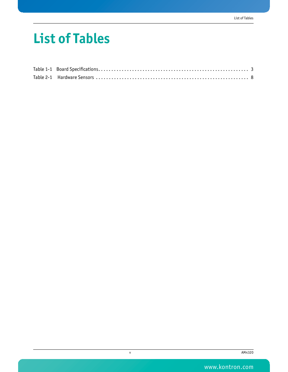 List of tables | Kontron AM4320 User Manual | Page 6 / 30