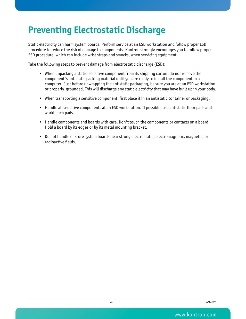 Preventing electrostatic discharge | Kontron AM4320 User Manual | Page 8 / 30