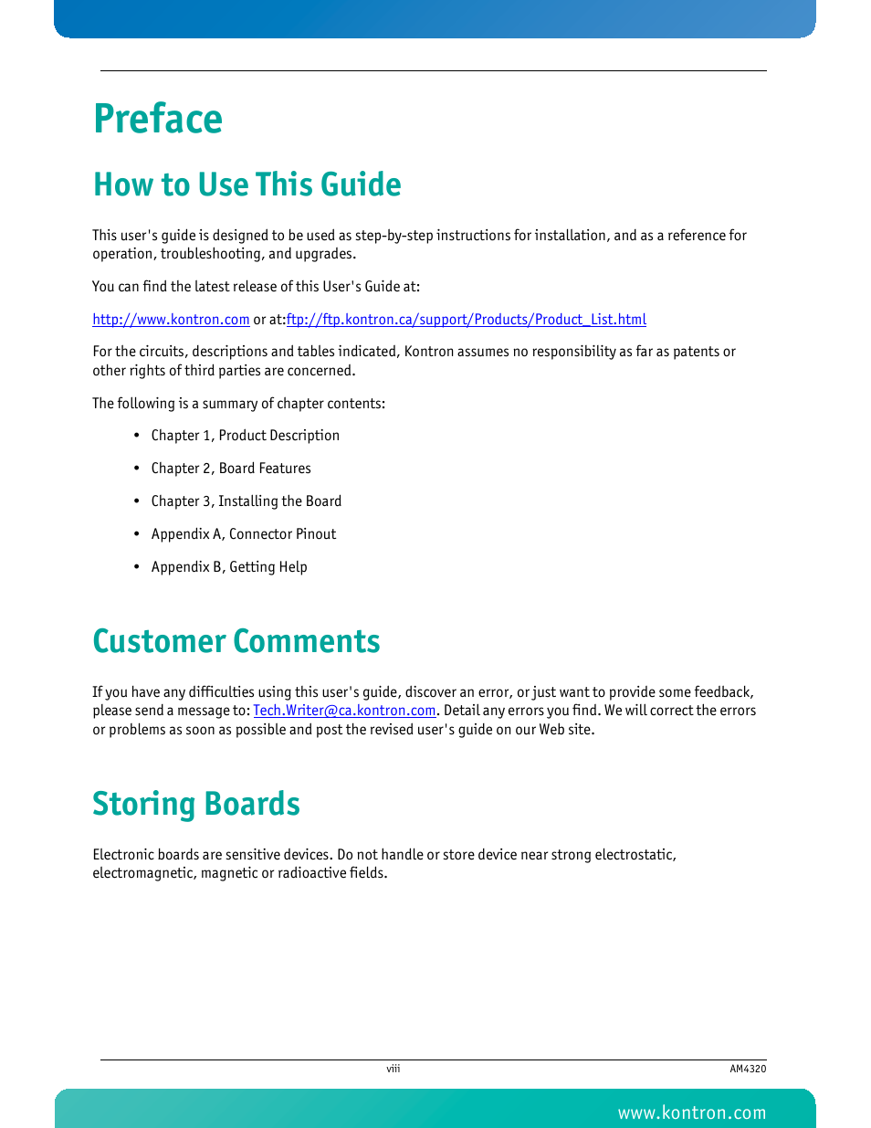 Preface, How to use this guide, Customer comments | Storing boards | Kontron AM4320 User Manual | Page 9 / 30