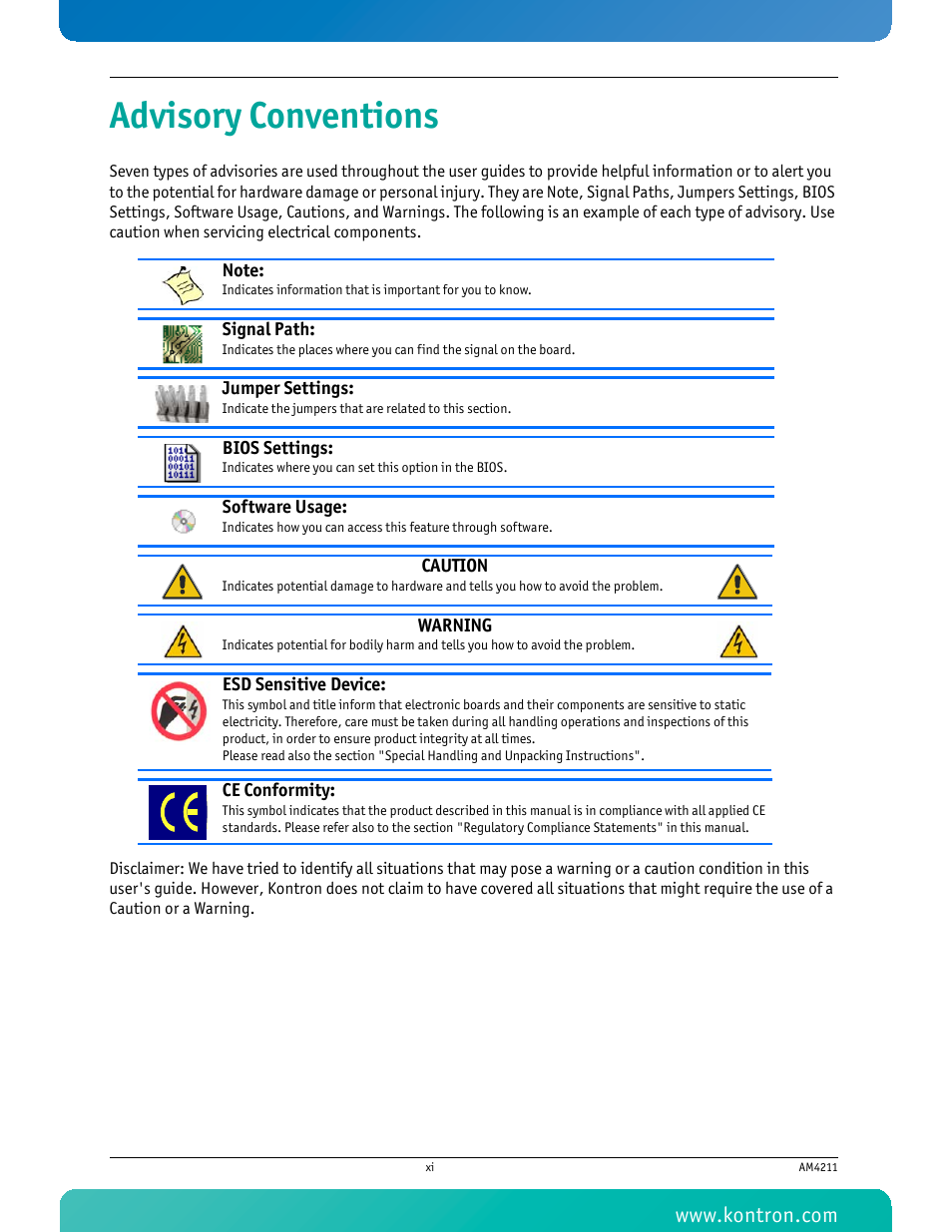 Advisory conventions | Kontron AM4211 User Manual | Page 12 / 82