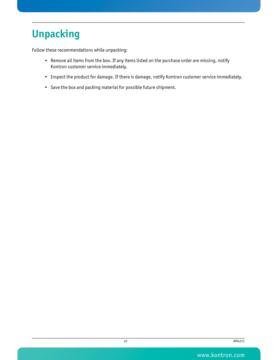 Unpacking | Kontron AM4211 User Manual | Page 13 / 82