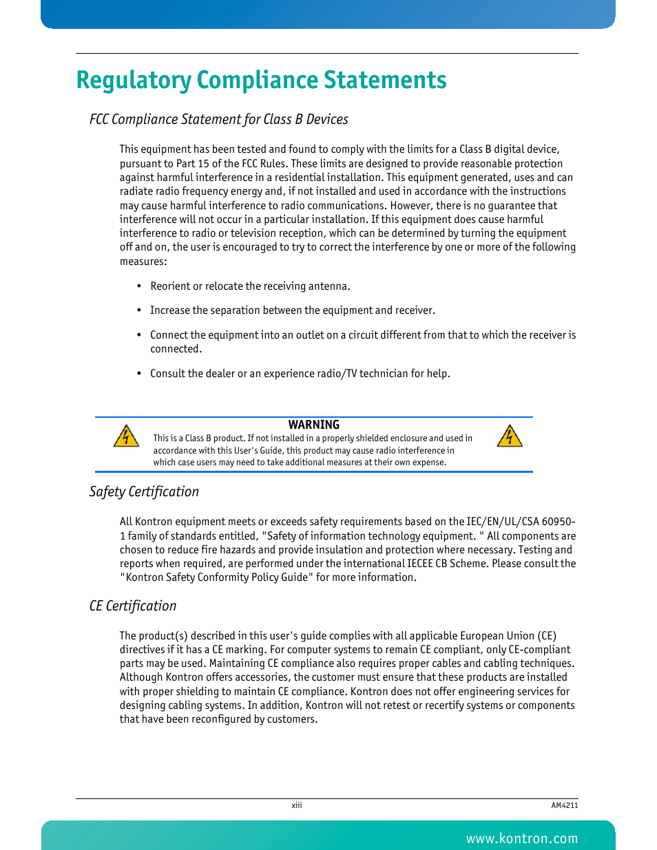 Regulatory compliance statements | Kontron AM4211 User Manual | Page 14 / 82