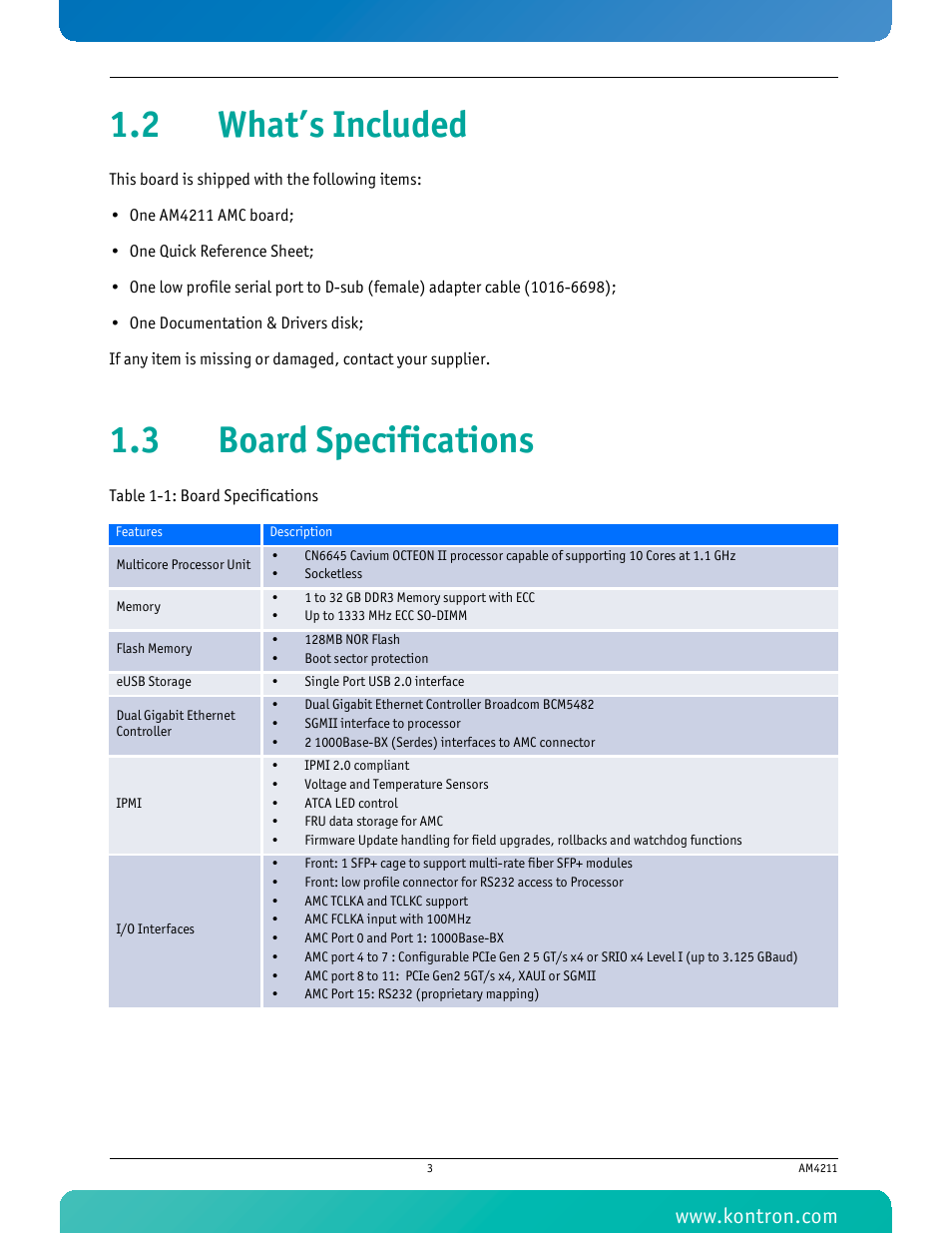 2 what’s included, 3 board specifications, 2 what’s included 1.3 board specifications | Table 1-1 board specifications | Kontron AM4211 User Manual | Page 18 / 82