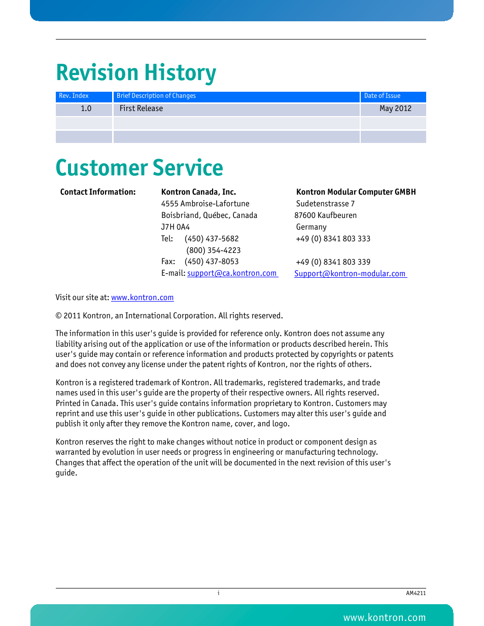 Revision history customer service | Kontron AM4211 User Manual | Page 2 / 82