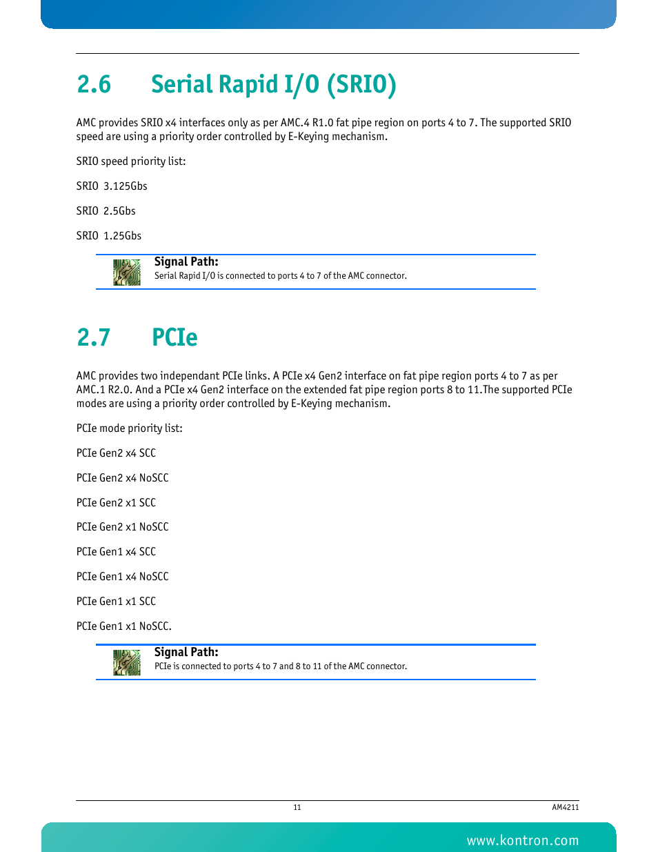 6 serial rapid i/o (srio), 7 pcie, 6 serial rapid i/o (srio) 2.7 pcie | Kontron AM4211 User Manual | Page 26 / 82