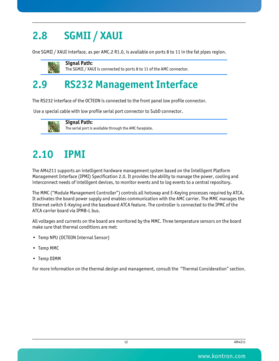 8 sgmii / xaui, 9 rs232 management interface, 10 ipmi | Kontron AM4211 User Manual | Page 27 / 82