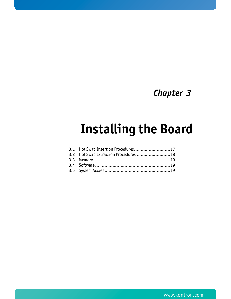 Installing the board, Chapter 3 | Kontron AM4211 User Manual | Page 31 / 82