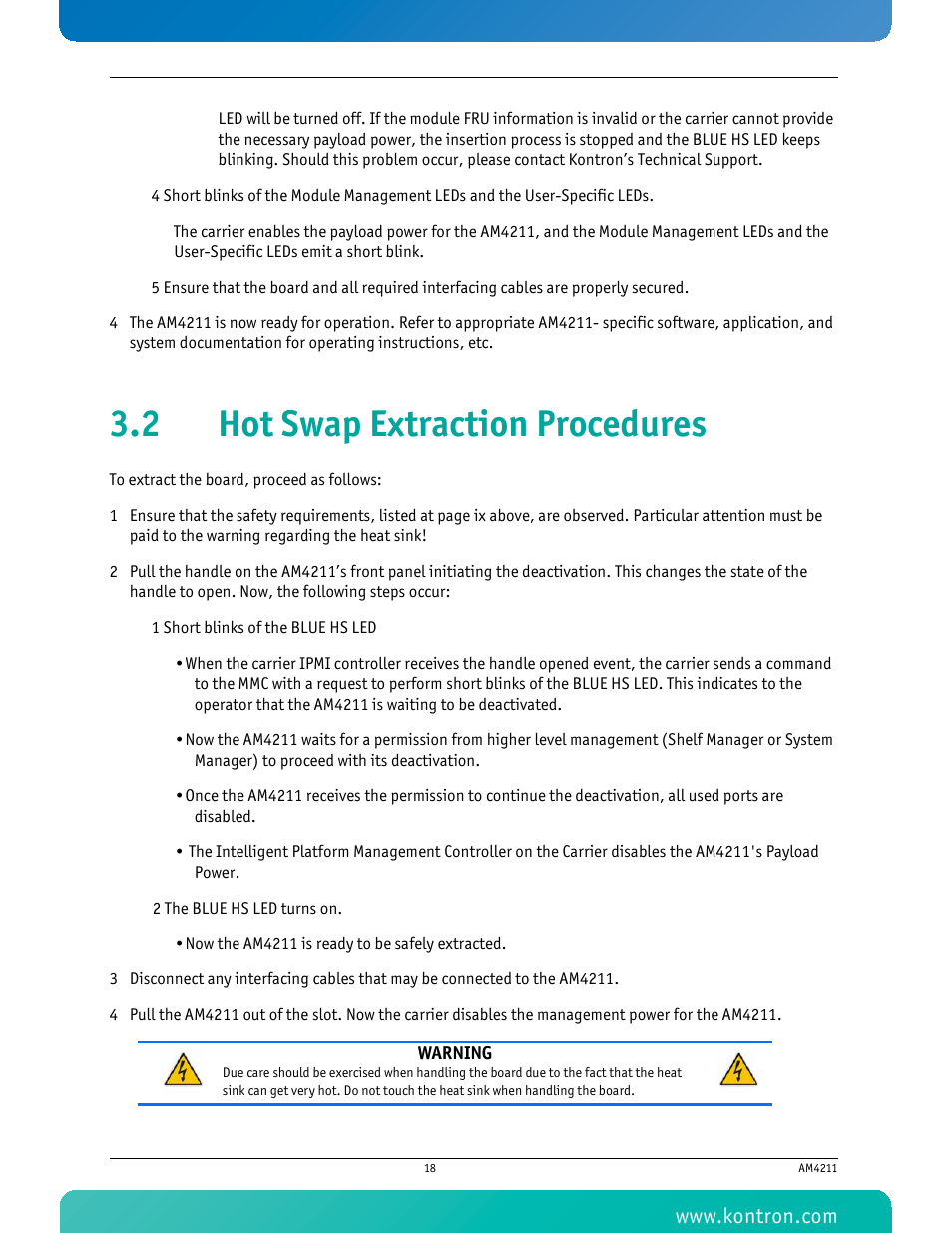 2 hot swap extraction procedures | Kontron AM4211 User Manual | Page 33 / 82