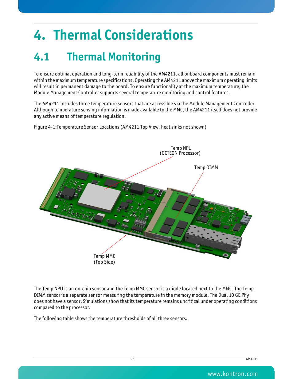 Thermal considerations, 1 thermal monitoring | Kontron AM4211 User Manual | Page 37 / 82