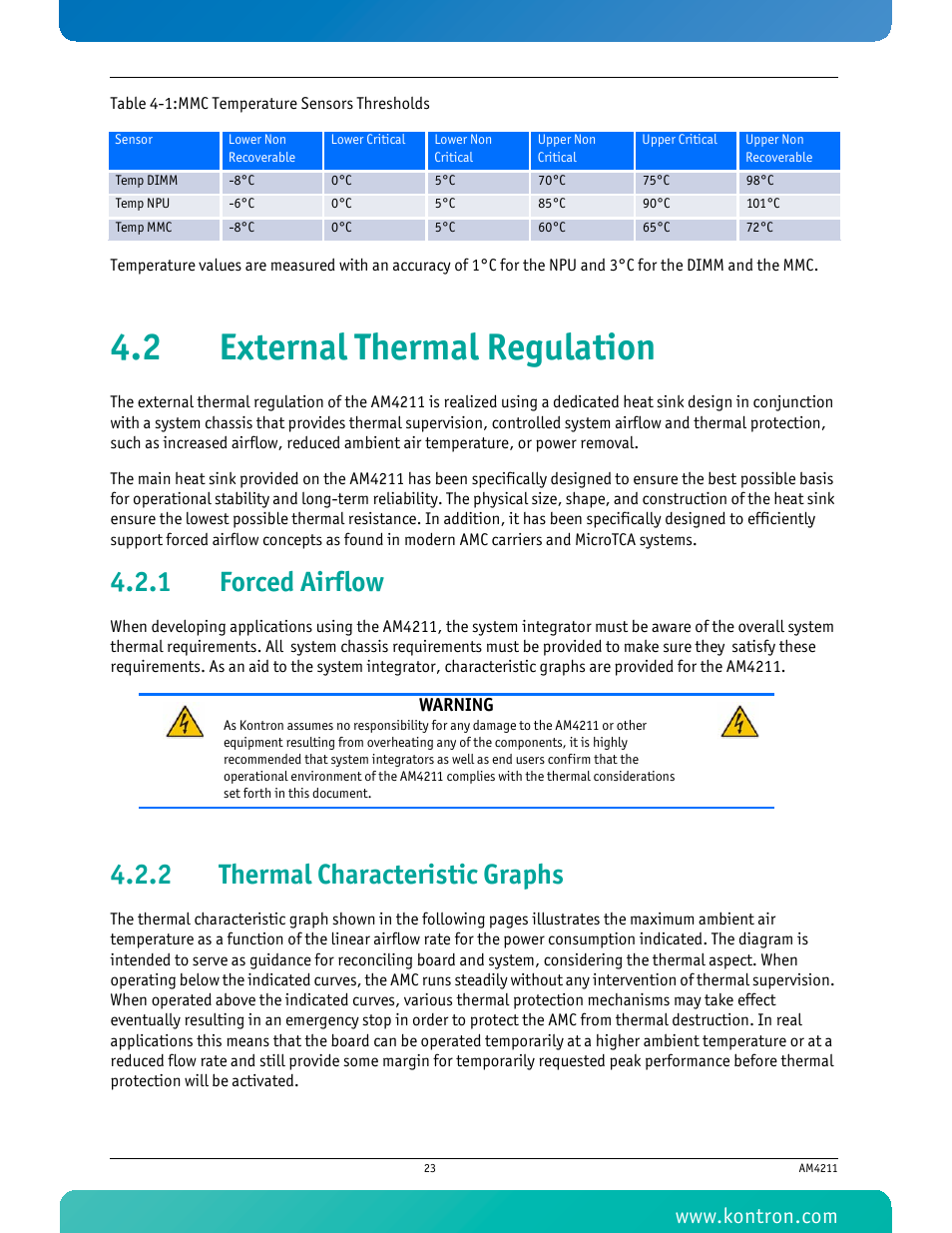 2 external thermal regulation, 1 forced airflow, 2 thermal characteristic graphs | Forced airflow, Thermal characteristic graphs, Table 4-1 mmc temperature sensors thresholds | Kontron AM4211 User Manual | Page 38 / 82