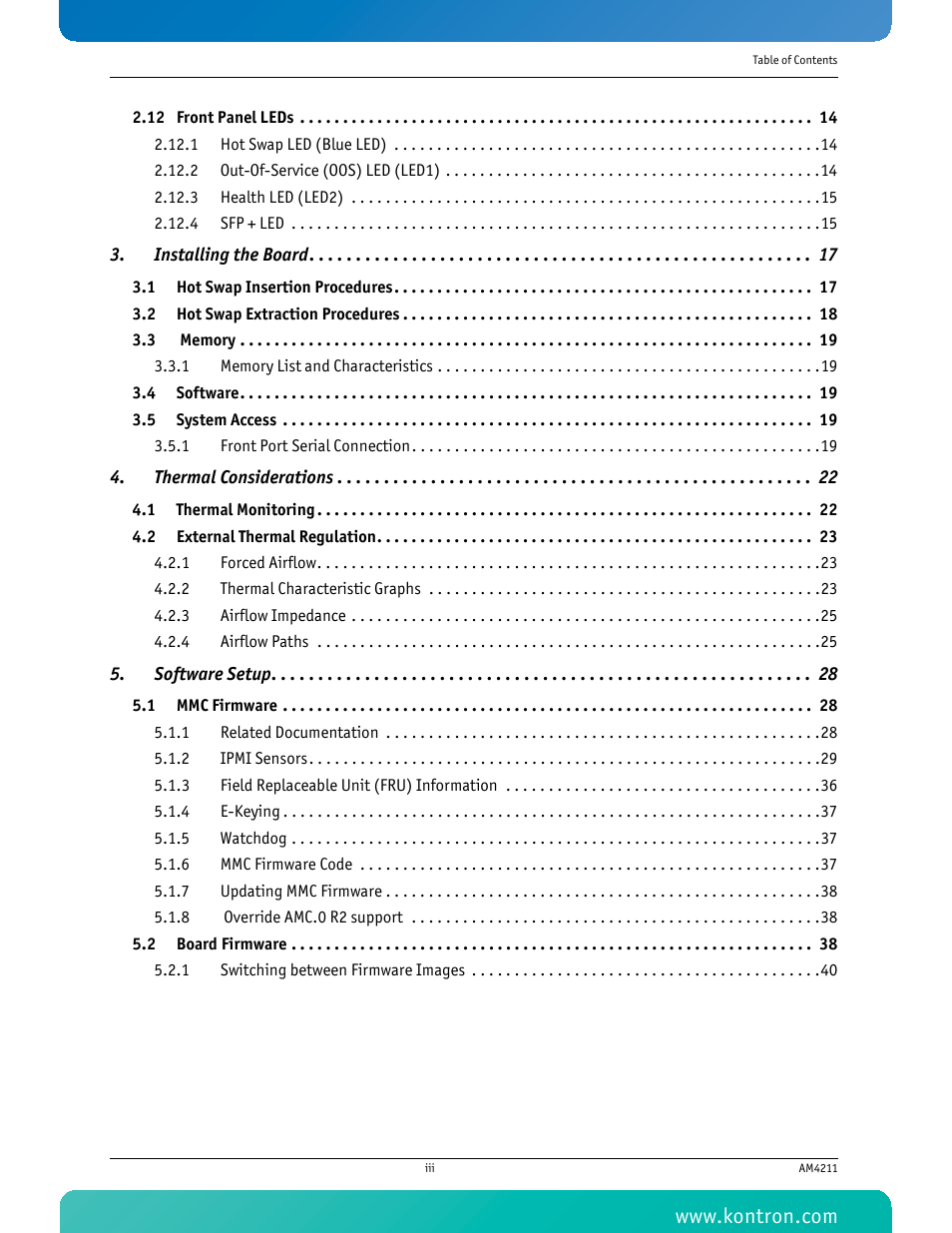 Installing the board 17, Thermal considerations 22, Software setup 28 | Kontron AM4211 User Manual | Page 4 / 82
