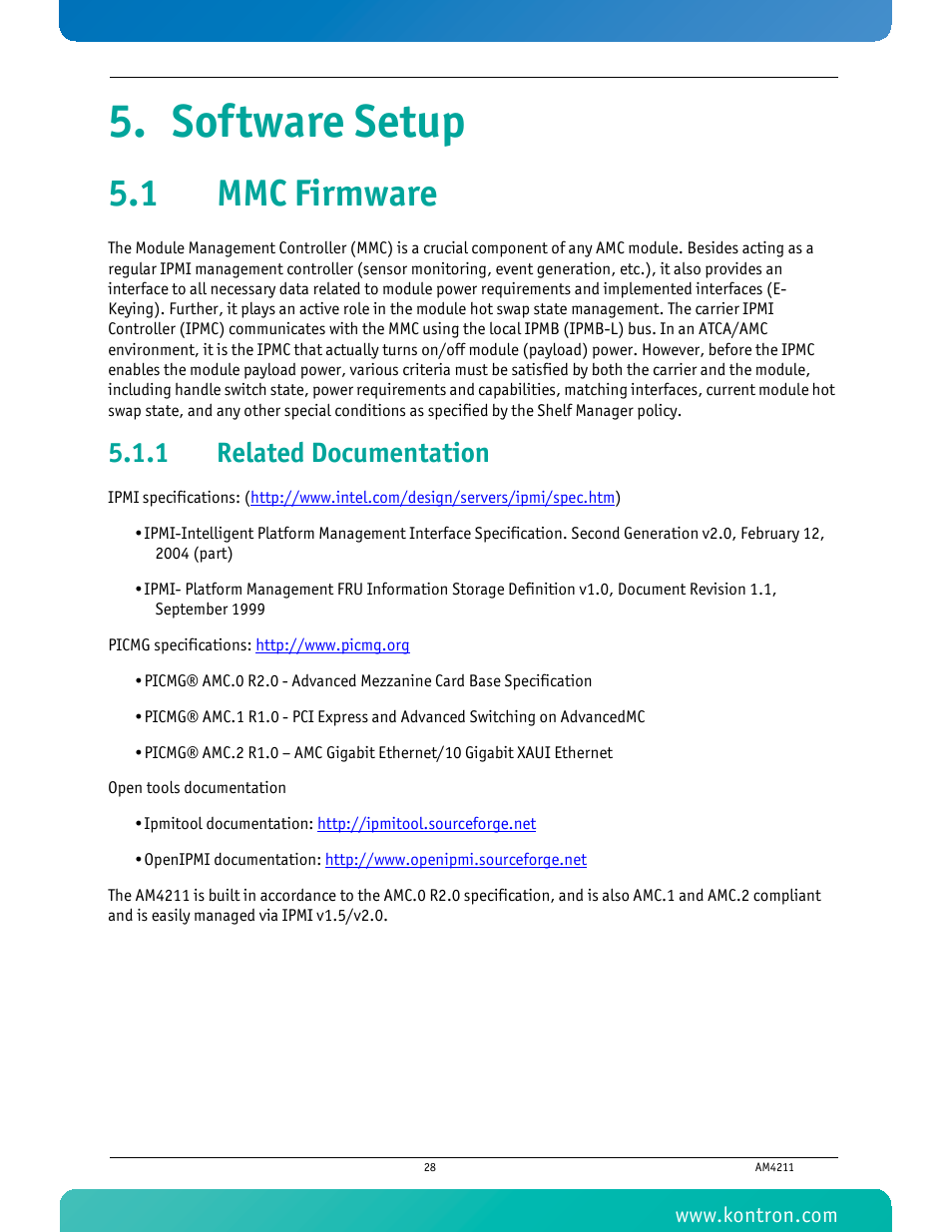 Software setup, 1 mmc firmware, 1 related documentation | Related documentation | Kontron AM4211 User Manual | Page 43 / 82