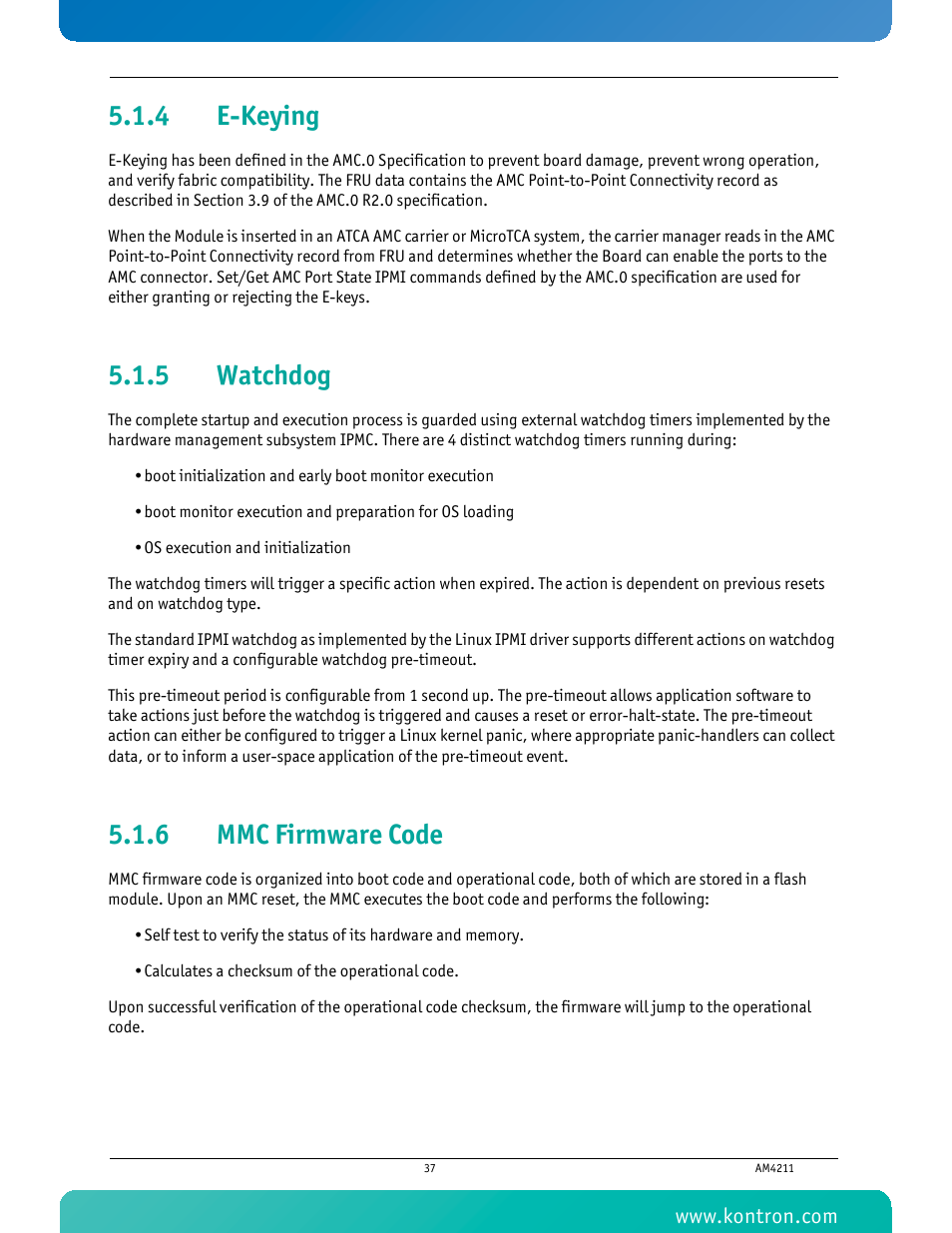 4 e-keying, 5 watchdog, 6 mmc firmware code | E-keying, Watchdog, Mmc firmware code | Kontron AM4211 User Manual | Page 52 / 82