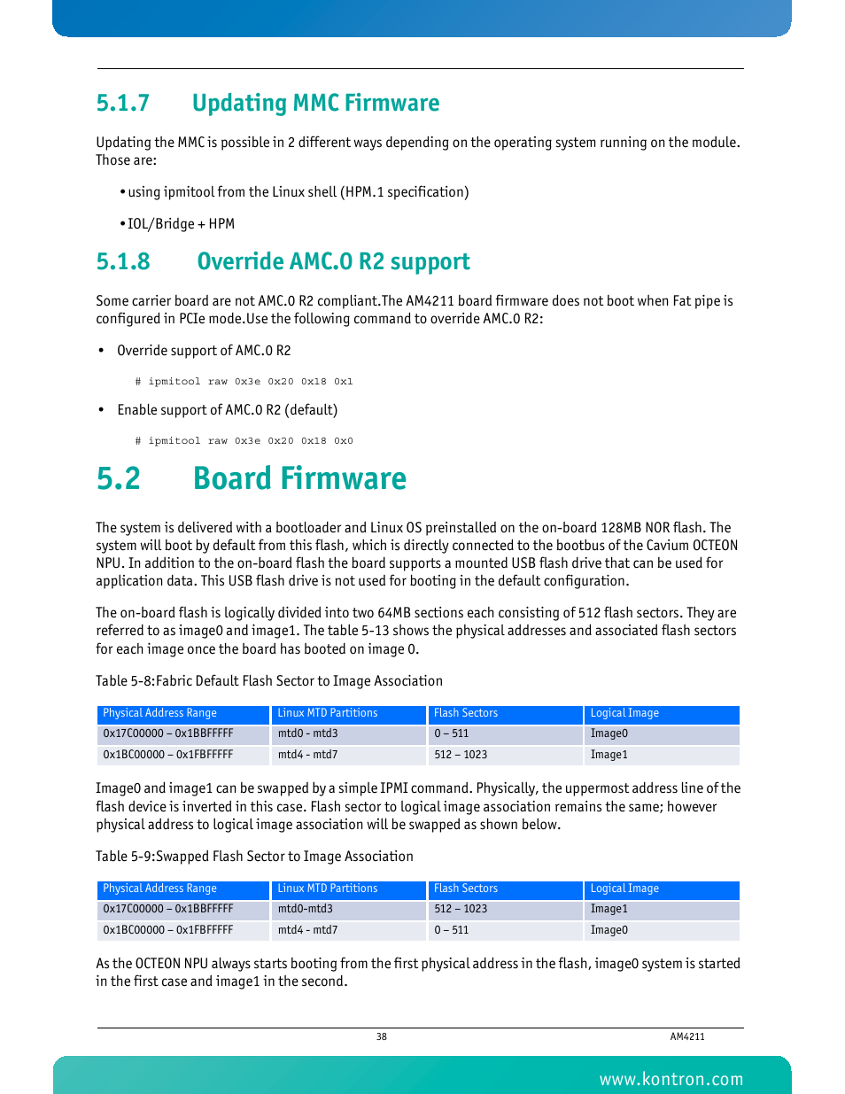 7 updating mmc firmware, 8 override amc.0 r2 support, 2 board firmware | Updating mmc firmware, Override amc.0 r2 support | Kontron AM4211 User Manual | Page 53 / 82