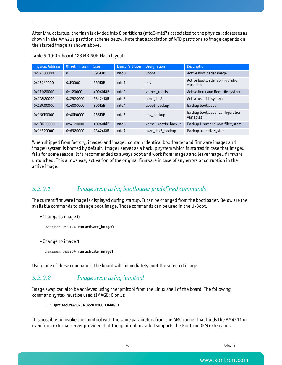 1 image swap using bootloader predefined commands, 2 image swap using ipmitool, Table 5-10 on-board 128 mb nor flash layout | Kontron AM4211 User Manual | Page 54 / 82