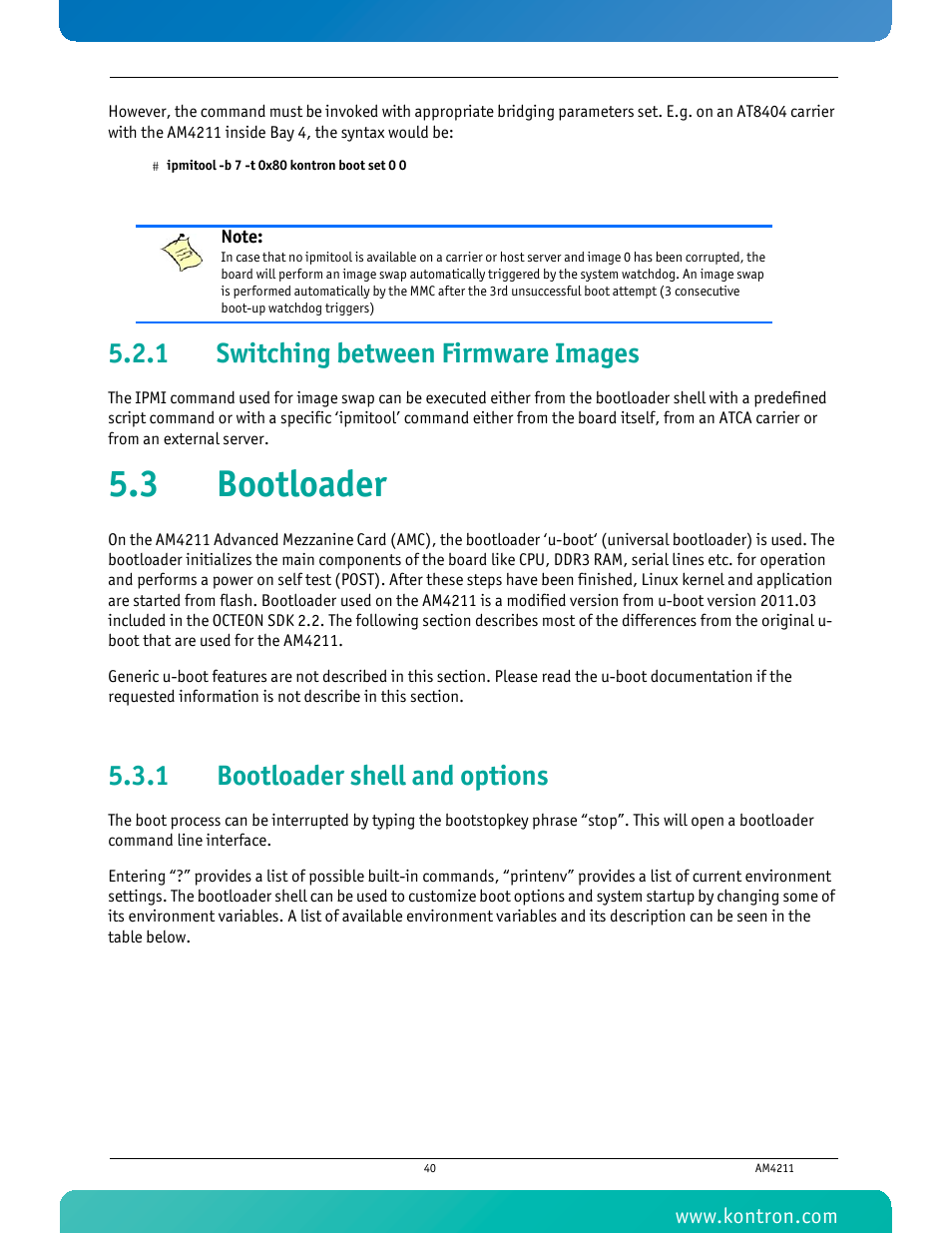 1 switching between firmware images, 3 bootloader, 1 bootloader shell and options | Switching between firmware images, Bootloader shell and options | Kontron AM4211 User Manual | Page 55 / 82