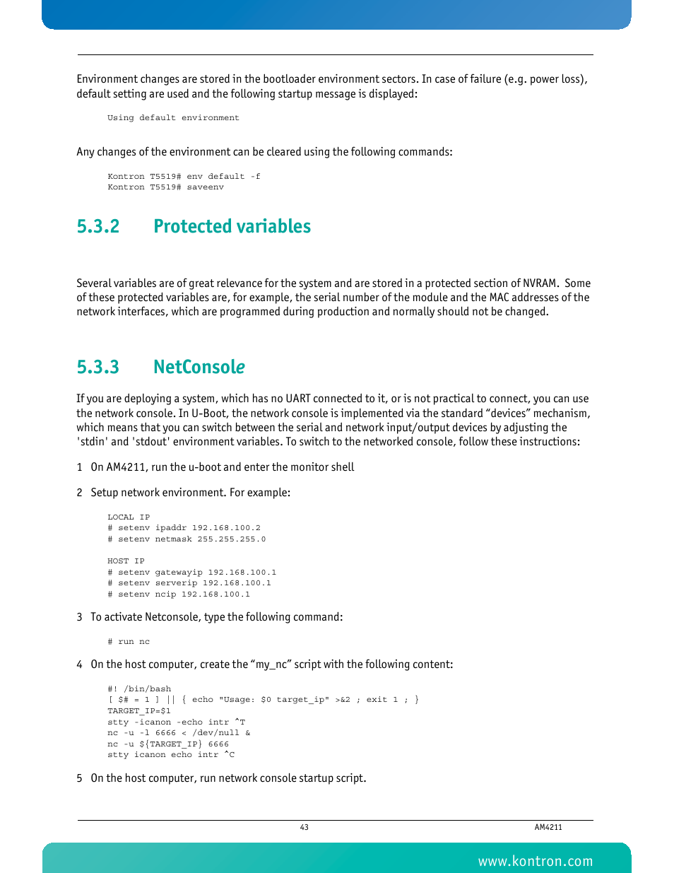 2 protected variables, 3 netconsole, Protected variables | Netconsole, 3 netconsol e | Kontron AM4211 User Manual | Page 58 / 82