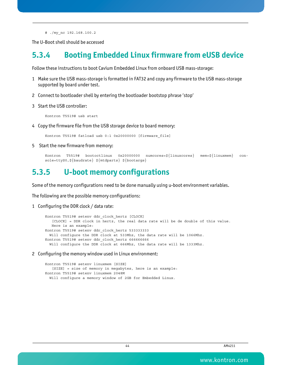 4 booting embedded linux firmware from eusb device, 5 u-boot memory configurations, Booting embedded linux firmware from eusb device | U-boot memory configurations | Kontron AM4211 User Manual | Page 59 / 82