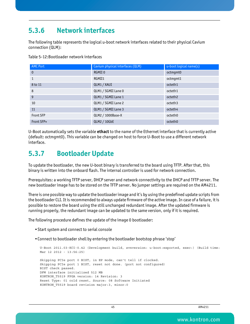 6 network interfaces, 7 bootloader update, Network interfaces | Bootloader update, Table 5-12 bootloader network interfaces | Kontron AM4211 User Manual | Page 60 / 82