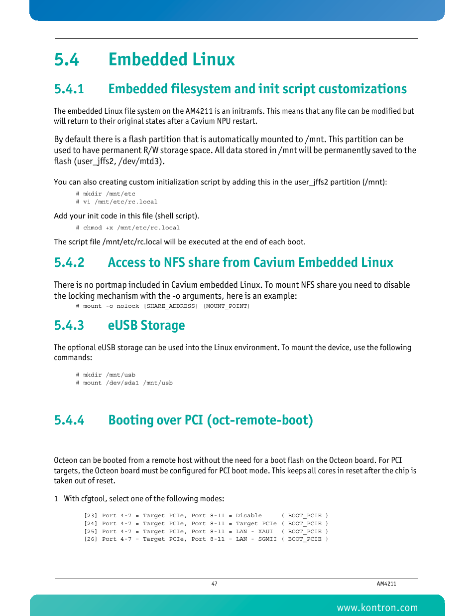 4 embedded linux, 2 access to nfs share from cavium embedded linux, 3 eusb storage | 4 booting over pci (oct-remote-boot), Embedded filesystem and init script customizations, Access to nfs share from cavium embedded linux, Eusb storage, Booting over pci (oct-remote-boot) | Kontron AM4211 User Manual | Page 62 / 82