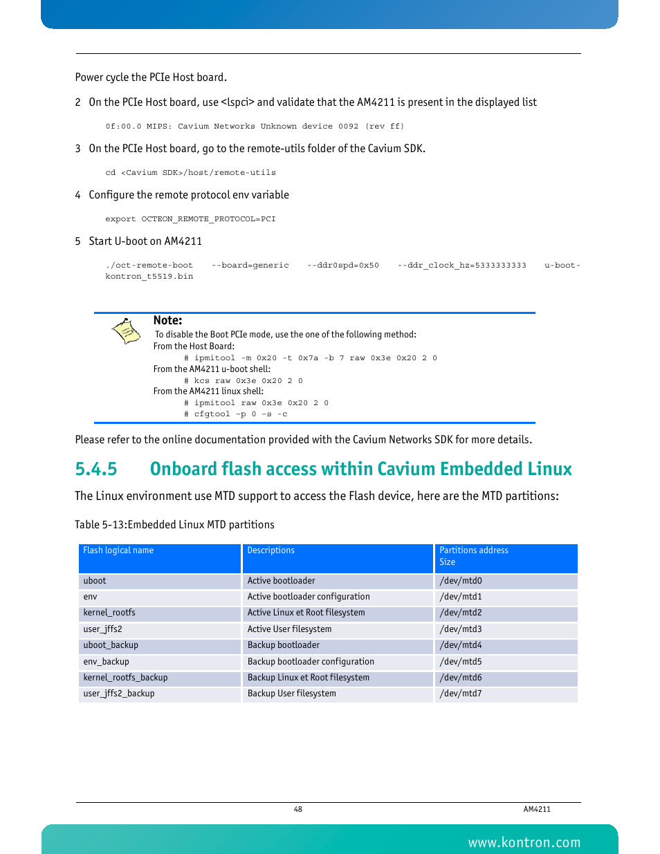 Onboard flash access within cavium embedded linux, Table 5-13 embedded linux mtd partitions | Kontron AM4211 User Manual | Page 63 / 82
