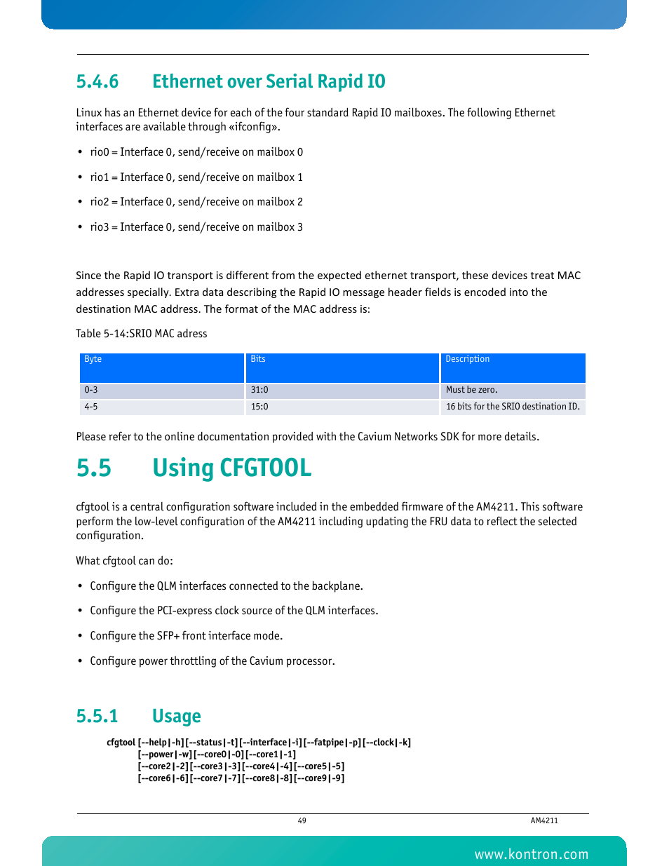 6 ethernet over serial rapid io, 5 using cfgtool, 1 usage | Ethernet over serial rapid io, Usage, Table 5-14 srio mac adress | Kontron AM4211 User Manual | Page 64 / 82