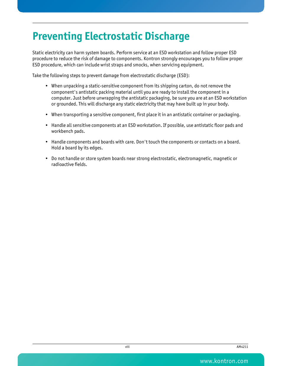 Preventing electrostatic discharge | Kontron AM4211 User Manual | Page 9 / 82