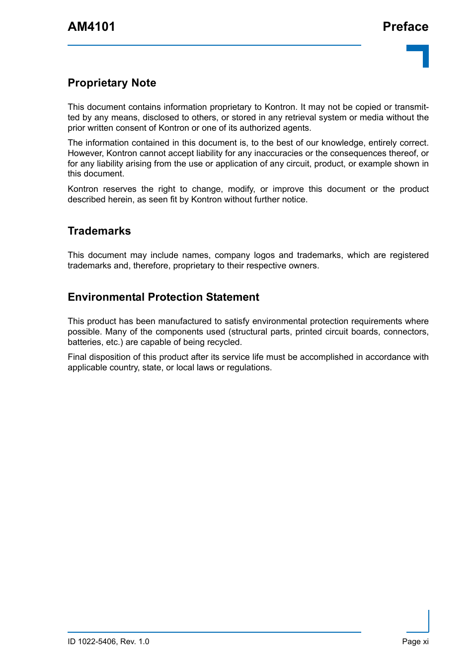 Proprietary note, Trademarks, Environmental protection statement | Am4101 preface | Kontron AM4101 User Manual | Page 11 / 30