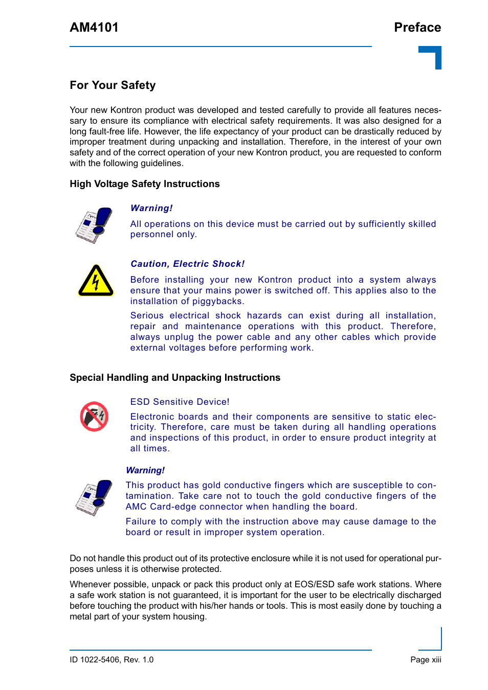 For your safety, High voltage safety instructions, Special handling and unpacking instructions | Am4101 preface | Kontron AM4101 User Manual | Page 13 / 30