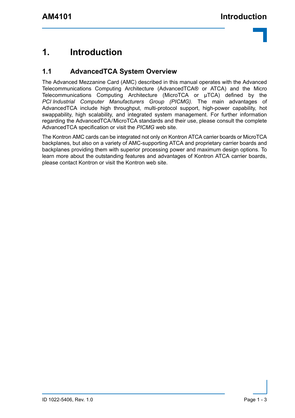 Introduction, 1 advancedtca system overview, Introduction - 3 | 1 advancedtca system overview - 3 | Kontron AM4101 User Manual | Page 19 / 30