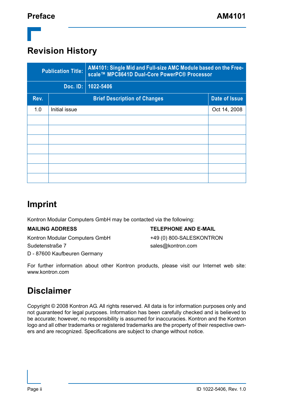 Revision history, Imprint, Disclaimer | Revision history imprint, Preface am4101 | Kontron AM4101 User Manual | Page 2 / 30