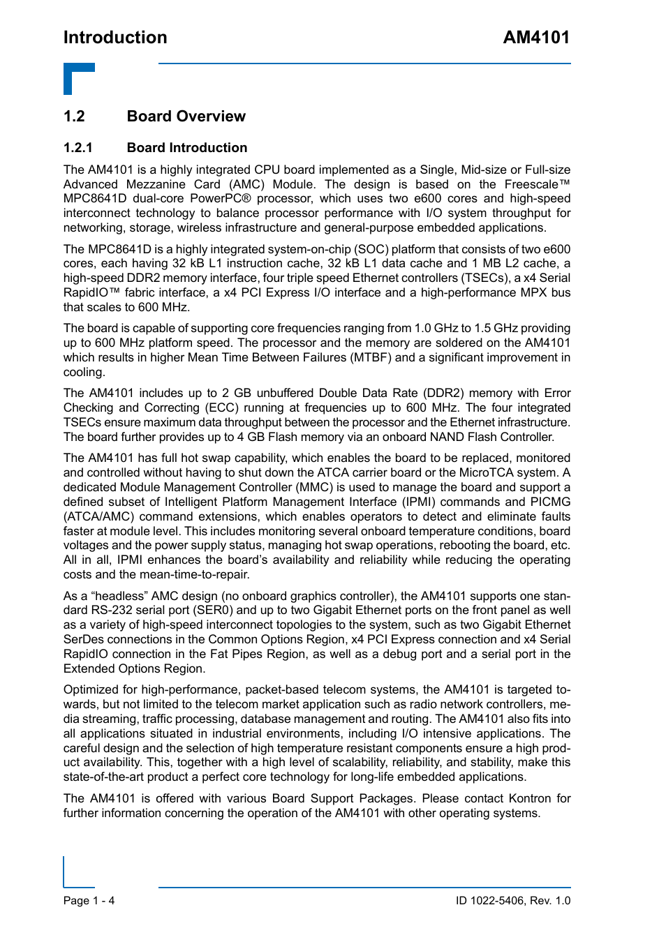 2 board overview, 1 board introduction, 2 board overview - 4 | Board introduction - 4, Introduction am4101 | Kontron AM4101 User Manual | Page 20 / 30