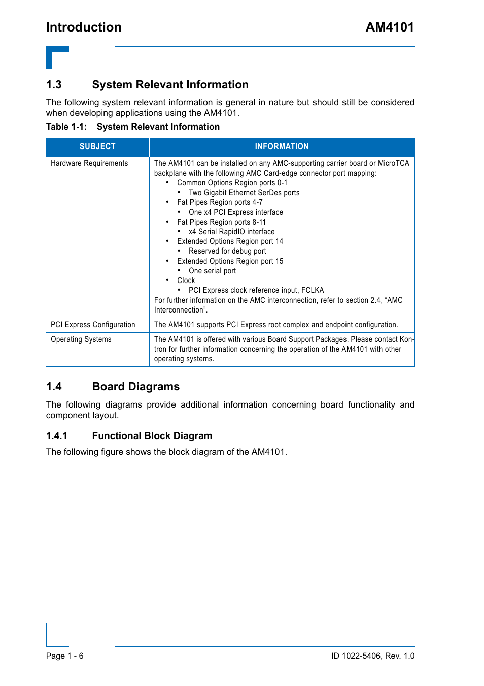 3 system relevant information, 4 board diagrams, 1 functional block diagram | Functional block diagram - 6, Introduction am4101 | Kontron AM4101 User Manual | Page 22 / 30