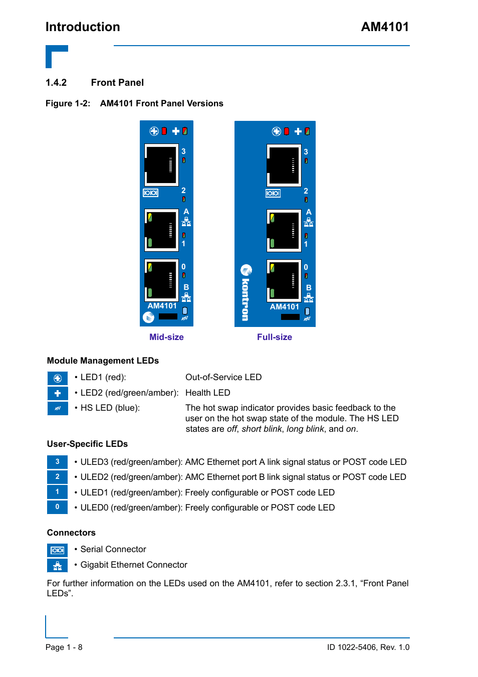 2 front panel, Front panel - 8, Introduction am4101 | Kontron AM4101 User Manual | Page 24 / 30
