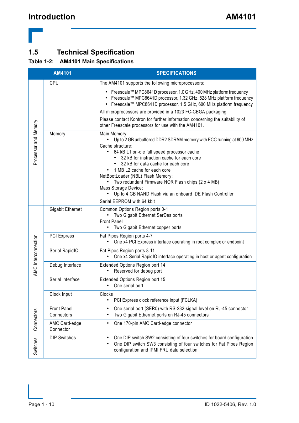 5 technical specification, 5 technical specification - 10, Introduction am4101 | Kontron AM4101 User Manual | Page 26 / 30