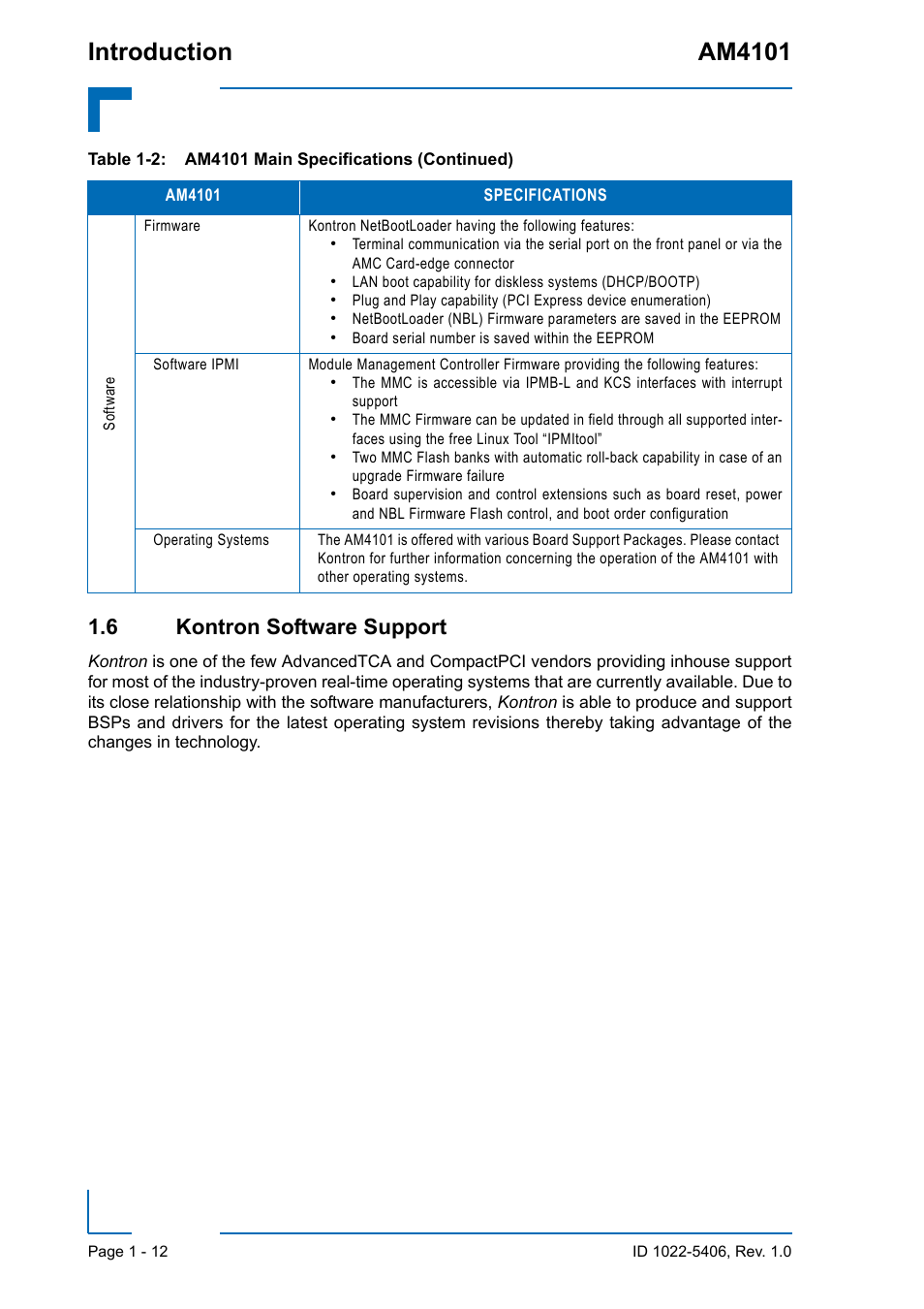 6 kontron software support, 6 kontron software support - 12, Introduction am4101 | Kontron AM4101 User Manual | Page 28 / 30