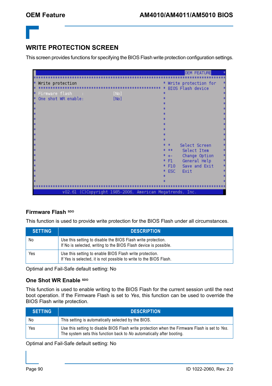 Write protection screen, Firmware flash sdo, One shot wr enable sdo | Firmware flash sdo one shot wr enable sdo | Kontron AM5010 BIOS User Manual | Page 100 / 120