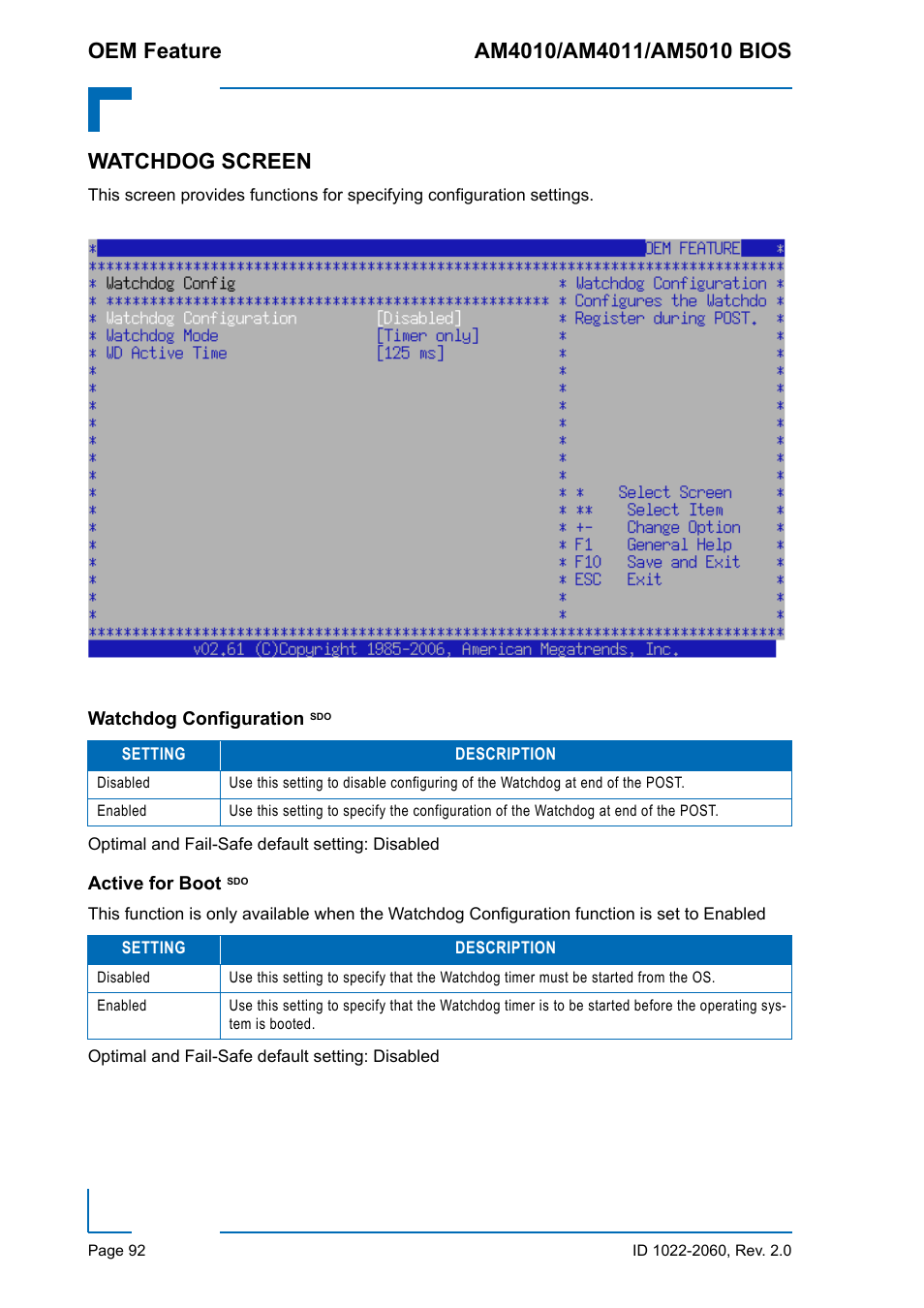 Watchdog screen, Watchdog configuration sdo, Active for boot sdo | Watchdog configuration sdo active for boot sdo | Kontron AM5010 BIOS User Manual | Page 102 / 120