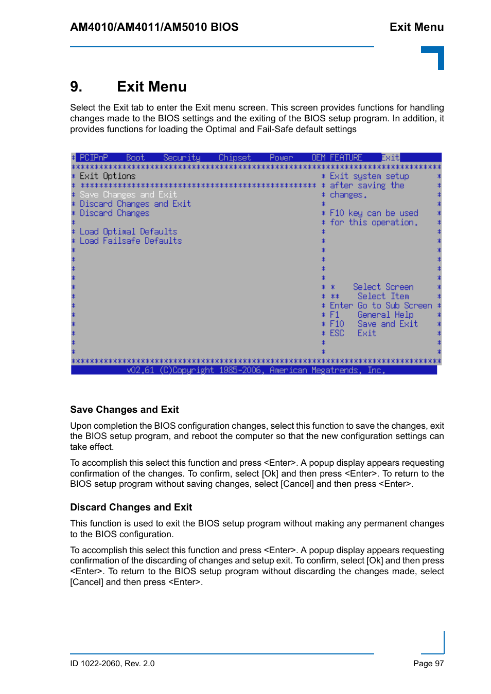 Exit menu, Save changes and exit, Discard changes and exit | Save changes and exit discard changes and exit | Kontron AM5010 BIOS User Manual | Page 107 / 120