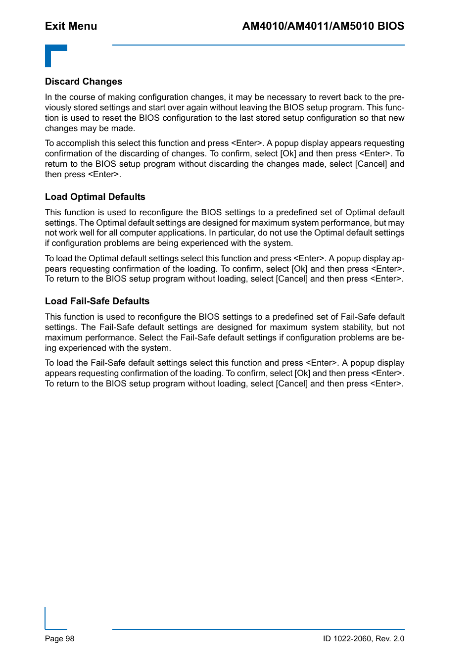 Discard changes, Load optimal defaults, Load fail-safe defaults | Kontron AM5010 BIOS User Manual | Page 108 / 120